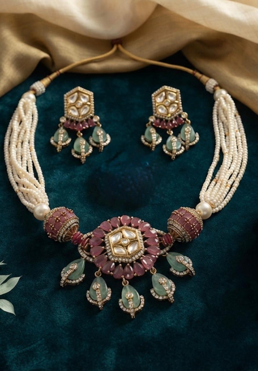 Kundan Stone Necklace With Pearl Mala