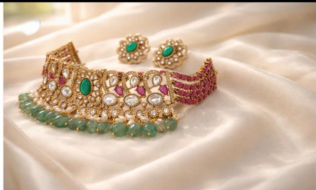 Regal Emrald Ruby Polki Choker Necklace Set