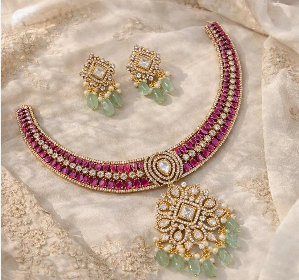 Royal Ruby & Polki Choker Set with MintBead Drops