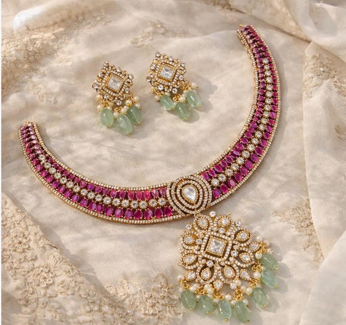 Royal Ruby & Polki Choker Set with MintBead Drops