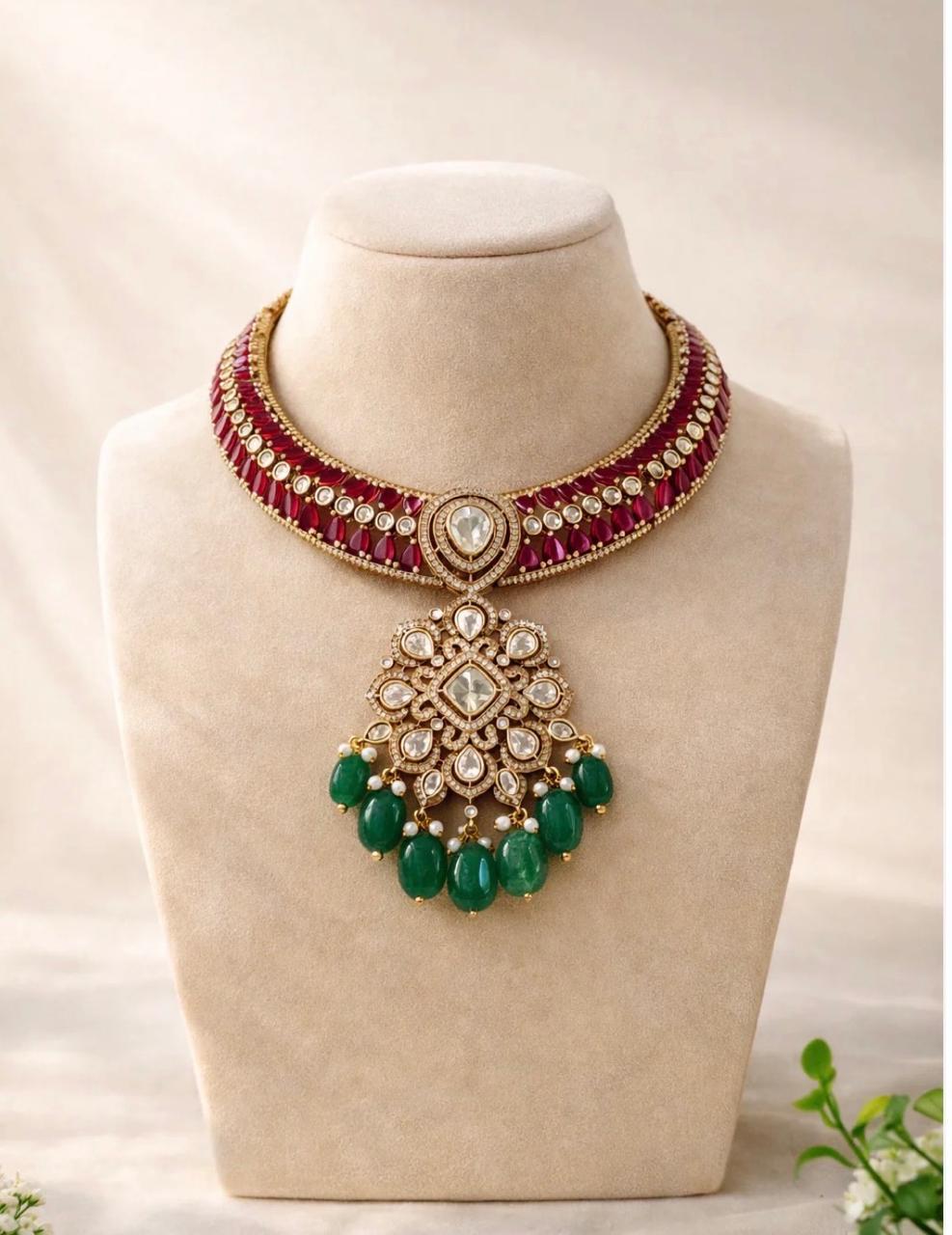 Royal Ruby & Polki Choker Set with MintBead Drops