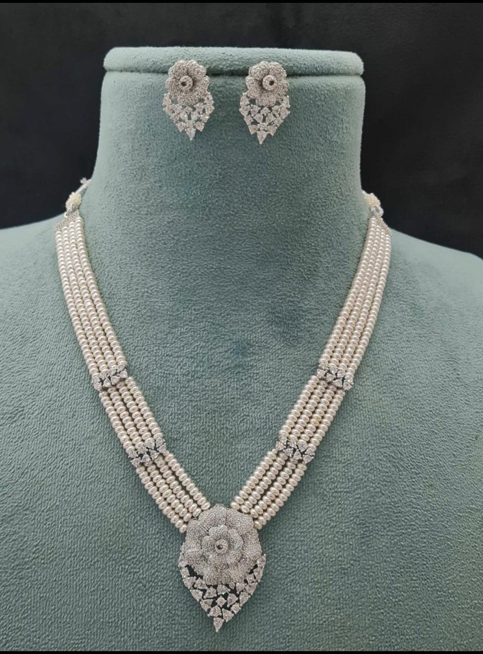 AD Flower Necklace With Pearl Mala