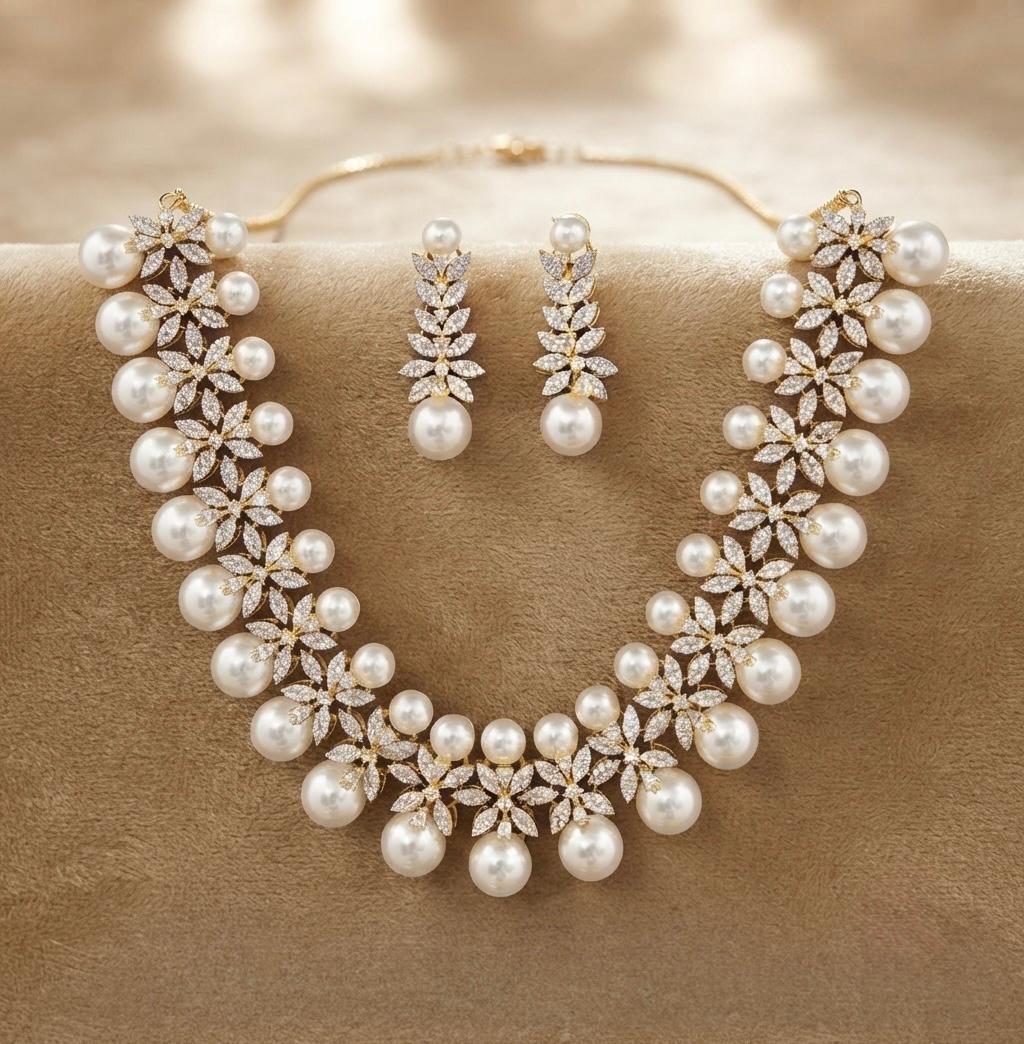 American Diamond Pearl Necklace