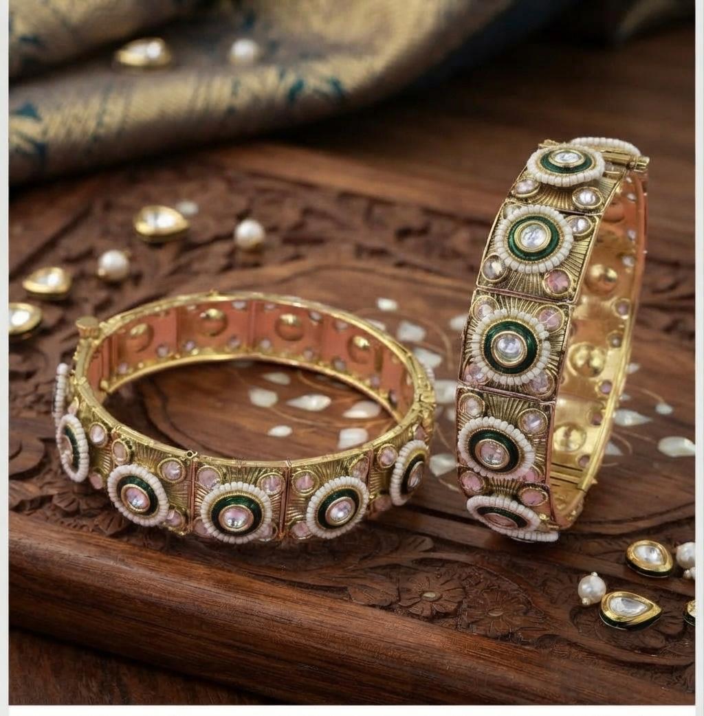 Antique Openable Bangles With Kundan And Pearls