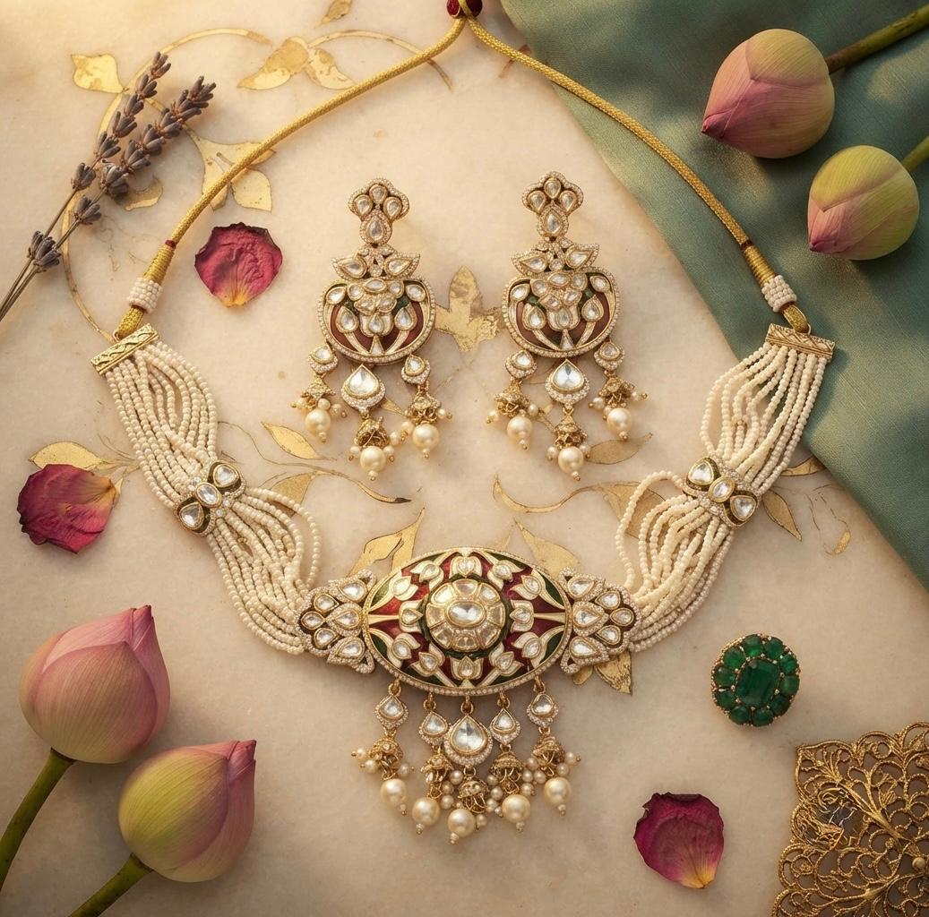 Delicate Meena Kundan Pearl Necklace