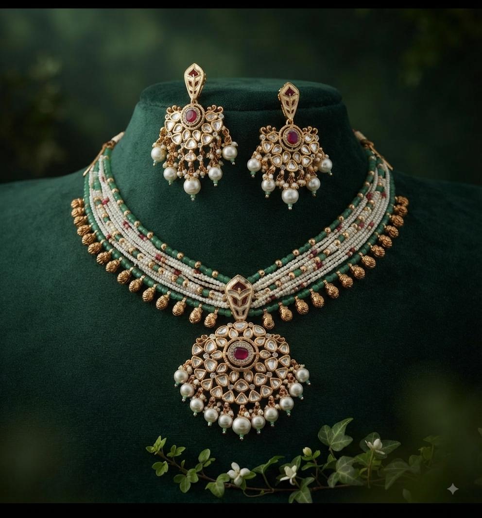 Elegant Moti Kundan Necklace Set