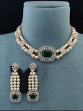 Elegant AD Choker With Green Emerald & pearl Necklace Set