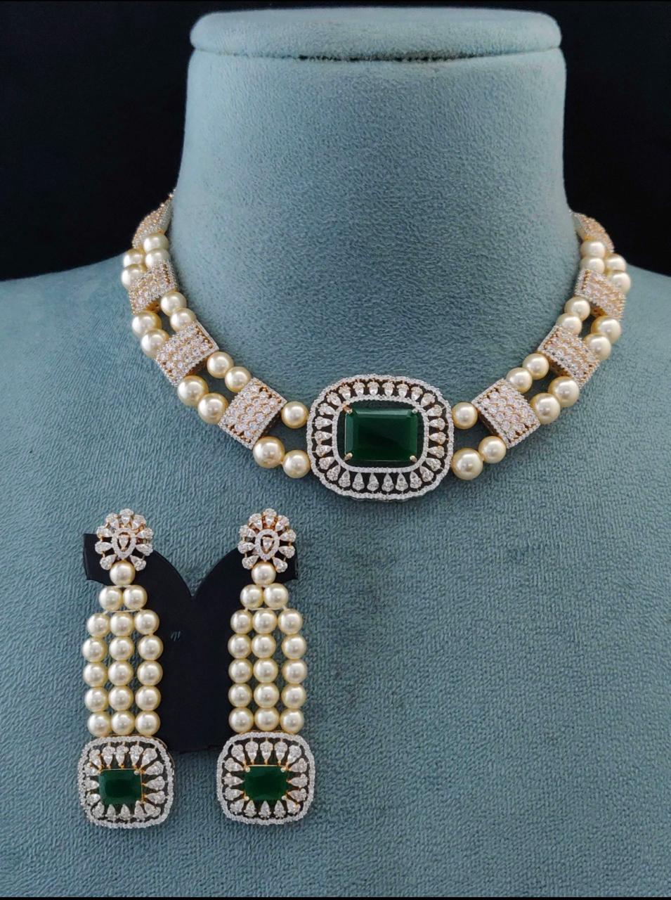 Elegant AD Choker With Green Emerald & pearl Necklace Set
