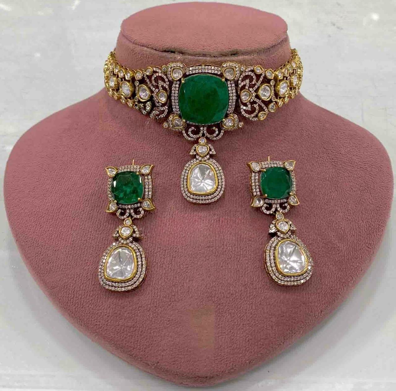 Emerald Kundan Polki  Choker Set