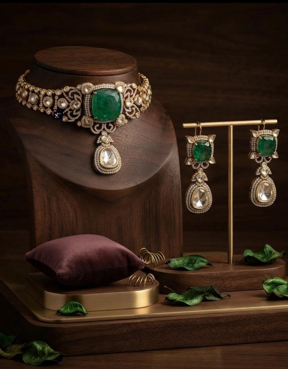 Emerald Kundan Polki  Choker Set