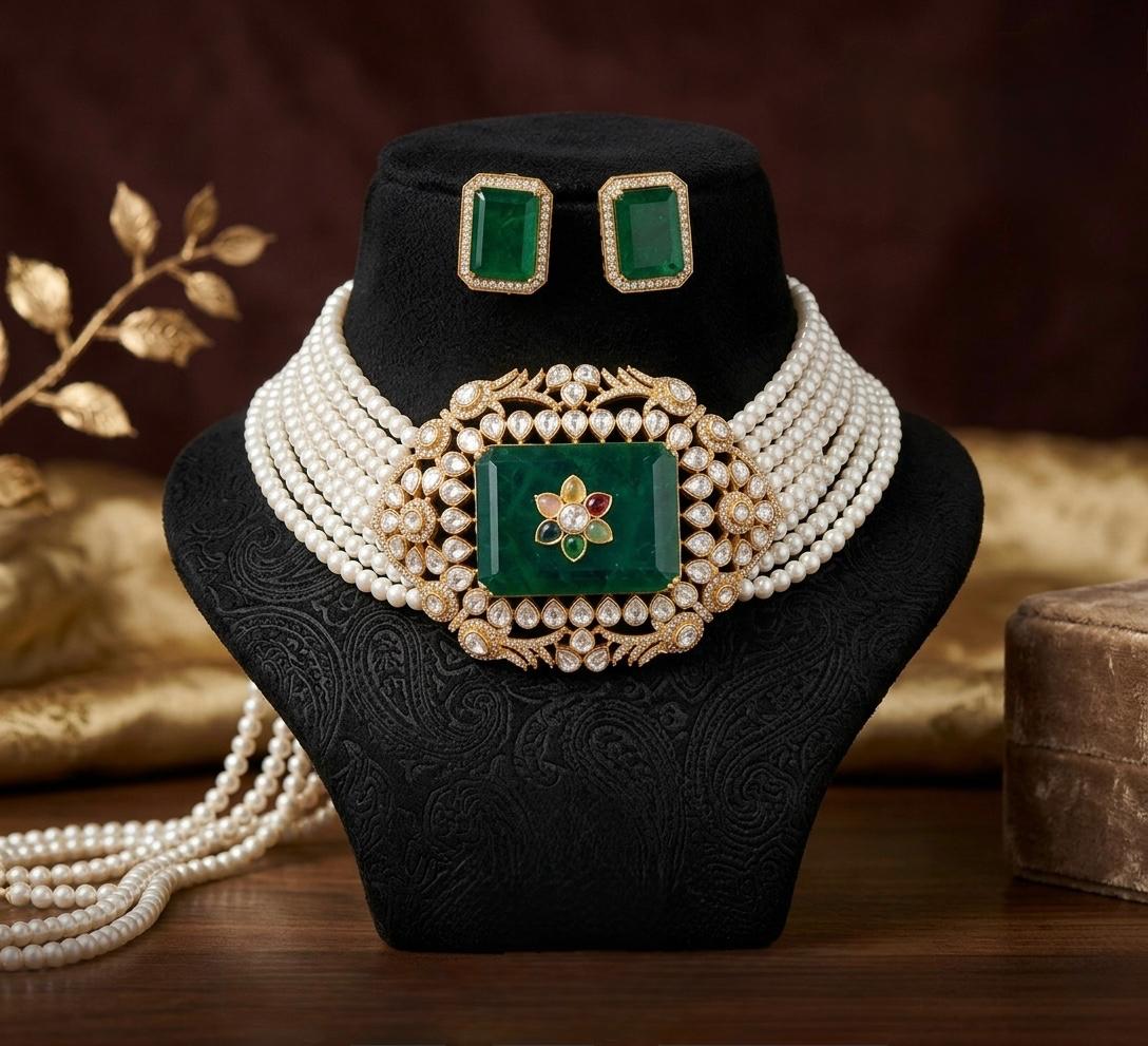 Emrald Stone With Pearl Choker Set
