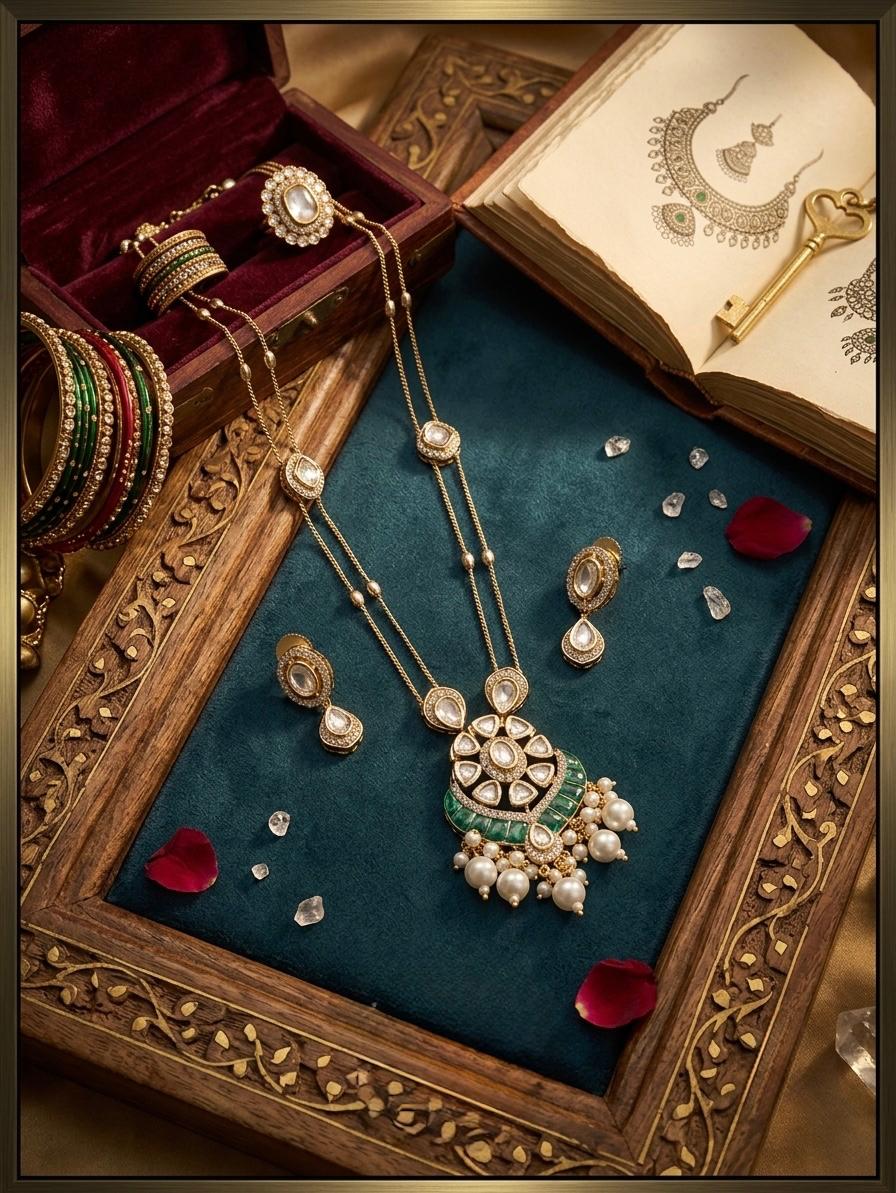 Epoxy Dangling Kundan Chain Pendant Set