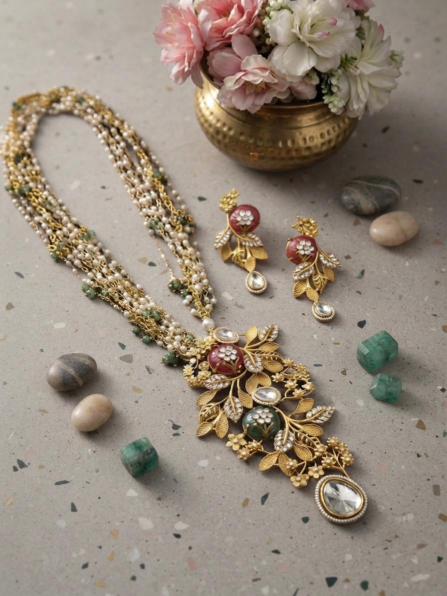 Exclusive Floral Pendant With Pearl Mala