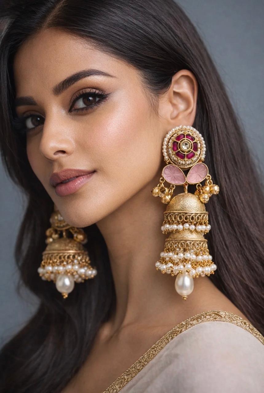Gold Plated Kundan & Pearl Jhumka Earings