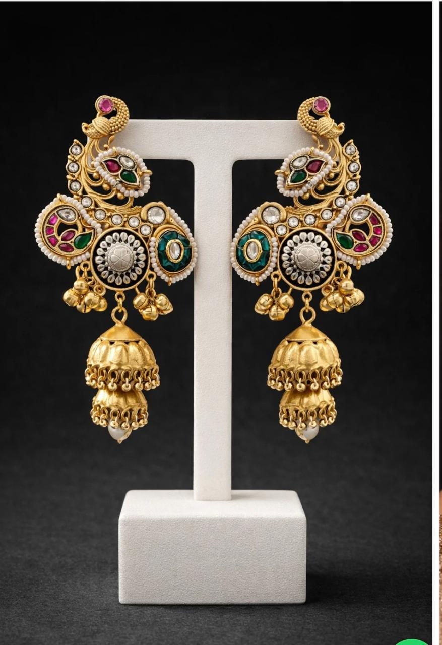 Gold Peacock Kundan Jhumka Ear Cuffs