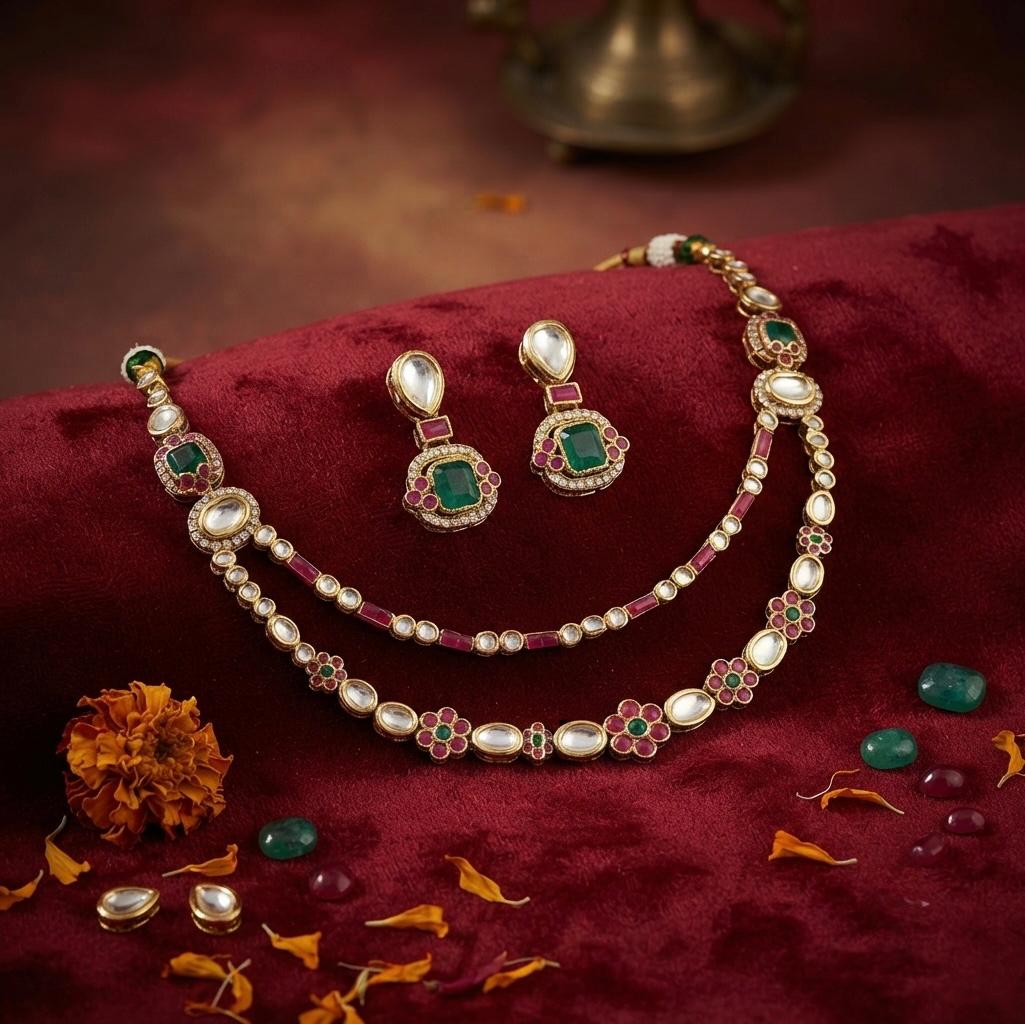 Gorgeous Kundan Ruby Emerald Two Line Necklace