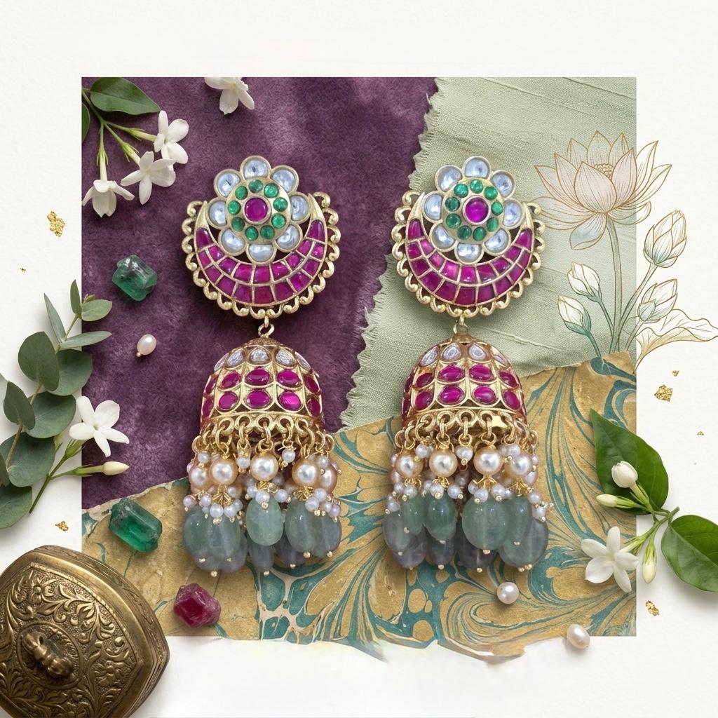 Jadau Green Stones With Mint Bead Droplets
