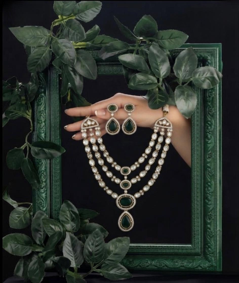 Kundan Layered Necklace With Green Stone