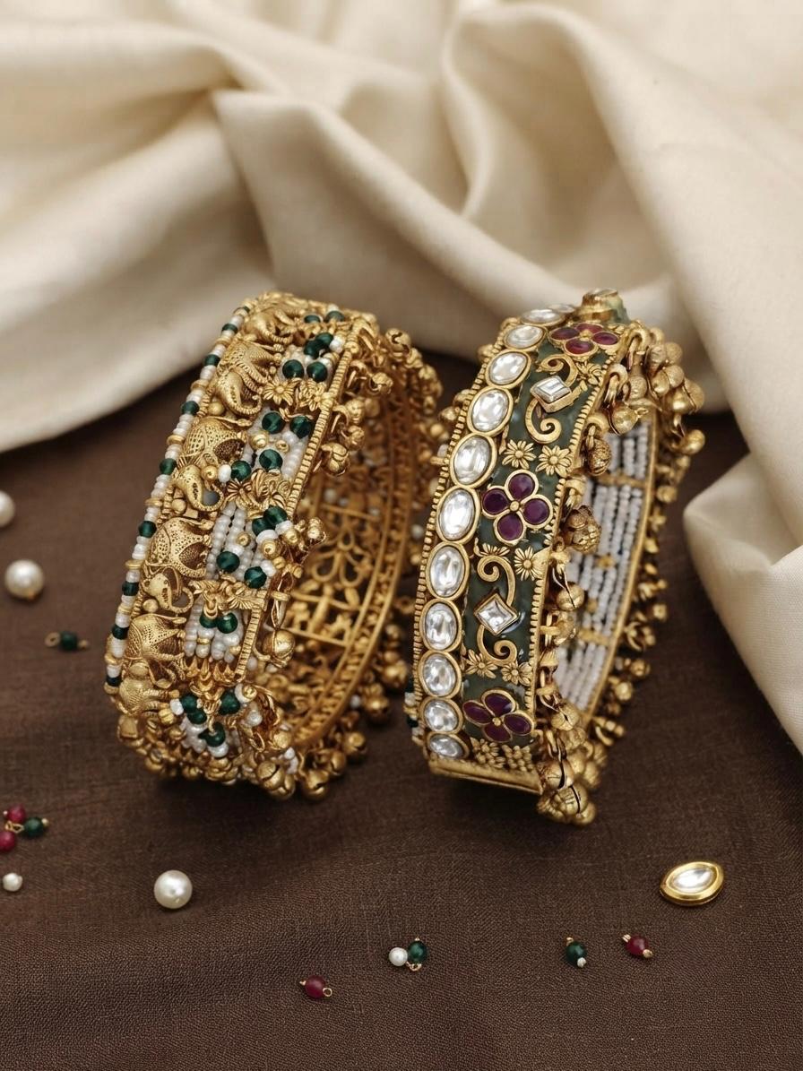 Kundan Pearl Bangles With Elephant Motif