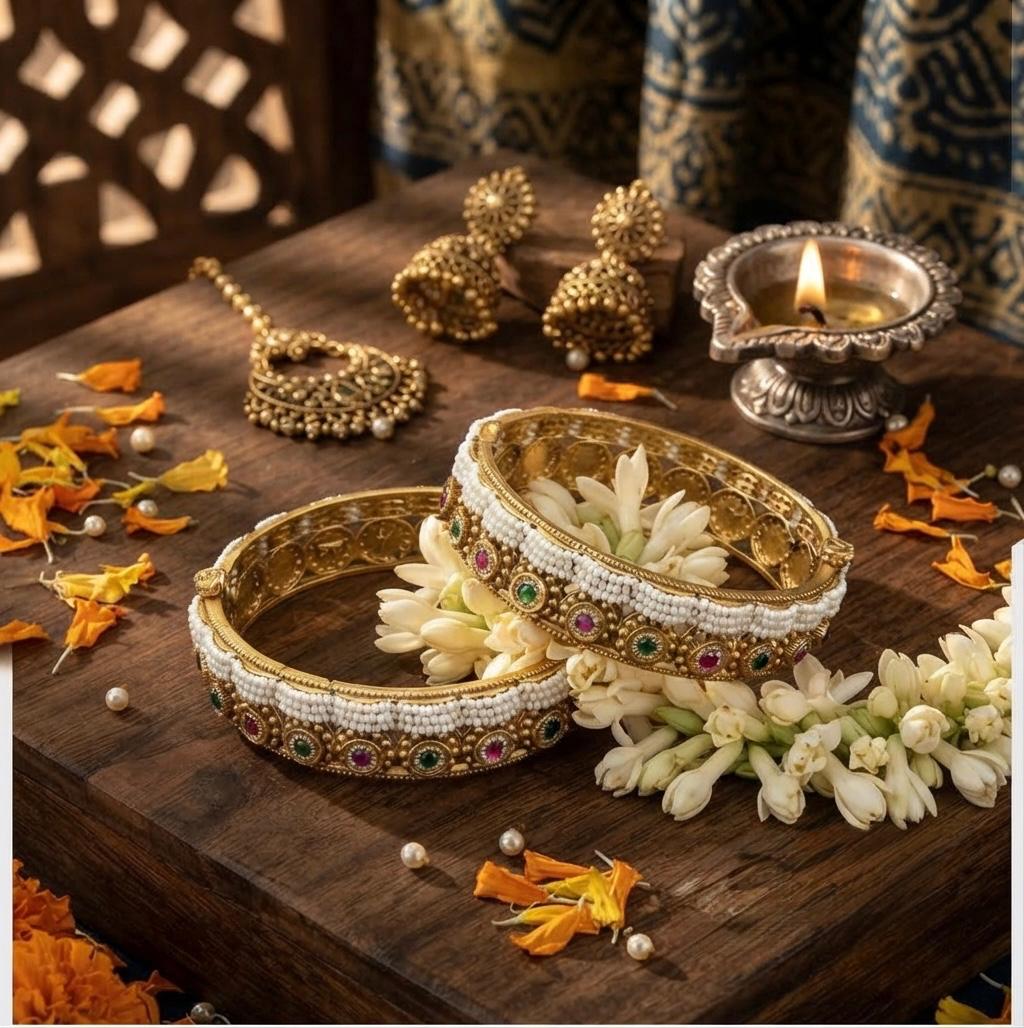 Kundan With Pearl Bangles