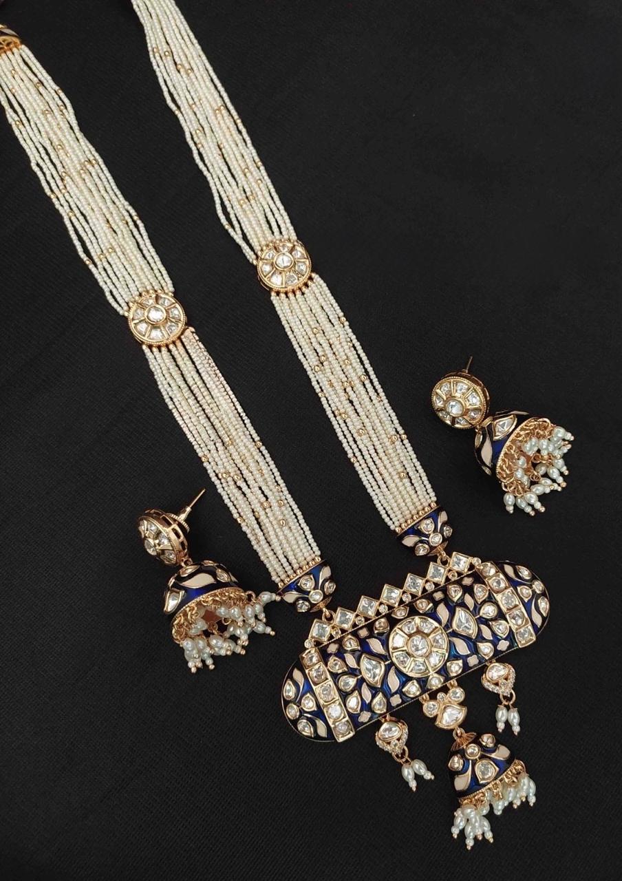 Long Kundan Necklace Set  With Pearl Mala