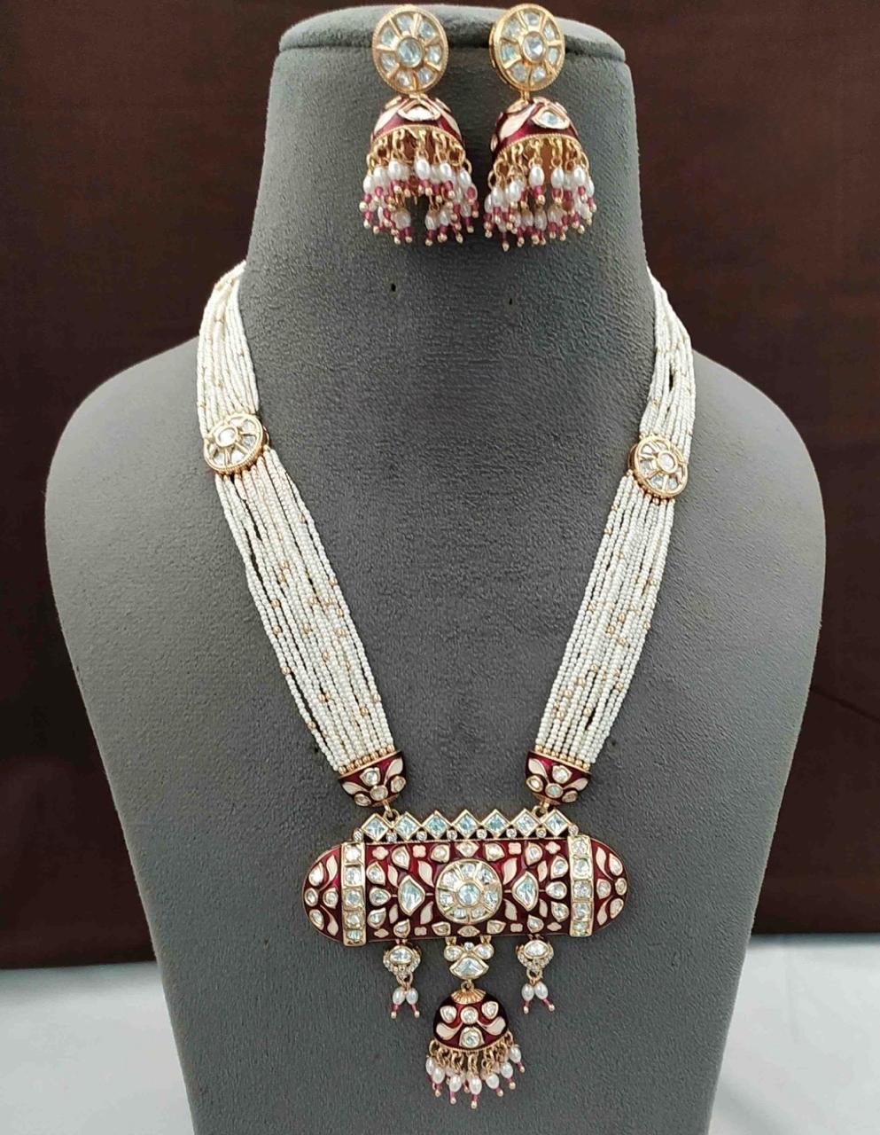 Long Kundan Necklace Set  With Pearl Mala