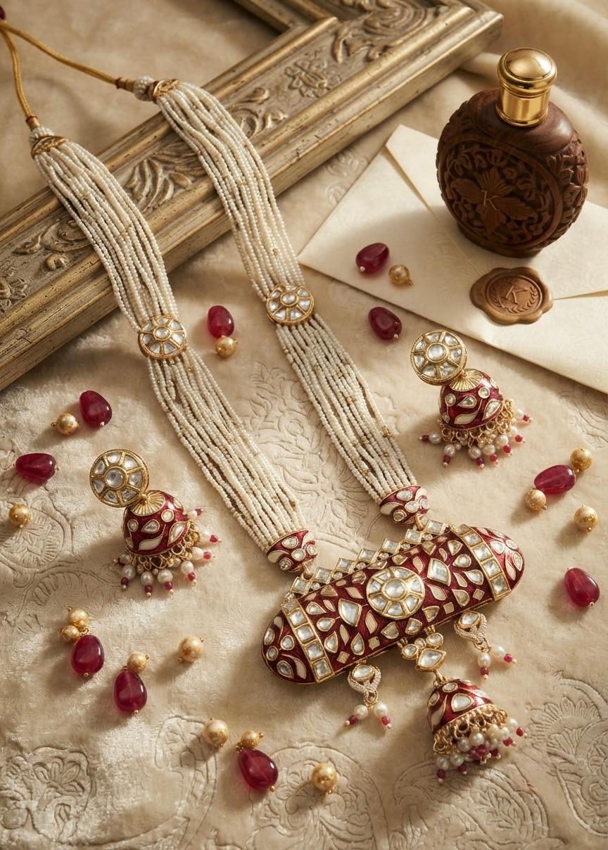Long Kundan Necklace Set  With Pearl Mala