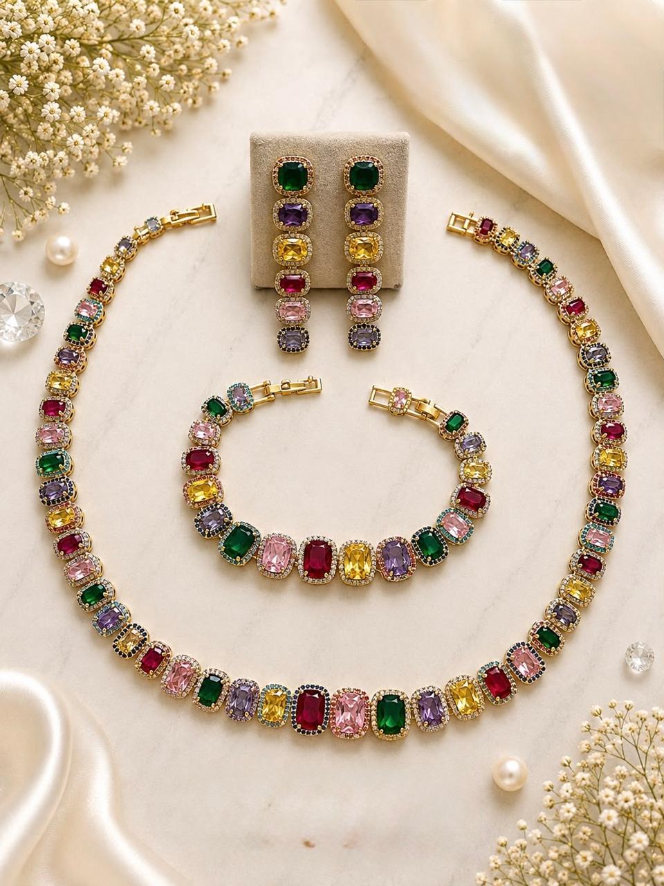 Multicolour Statement Tennis Choker Necklace Set