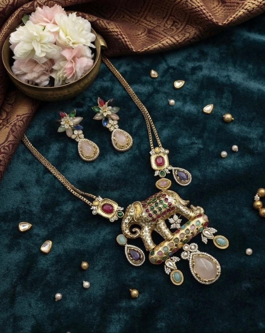Multi Colour Stone Elephant Necklace