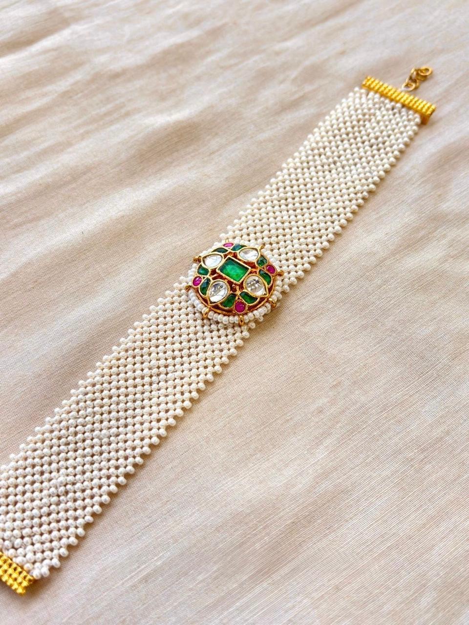 Pachi Kundan Broad Pearl Belt Bracelet