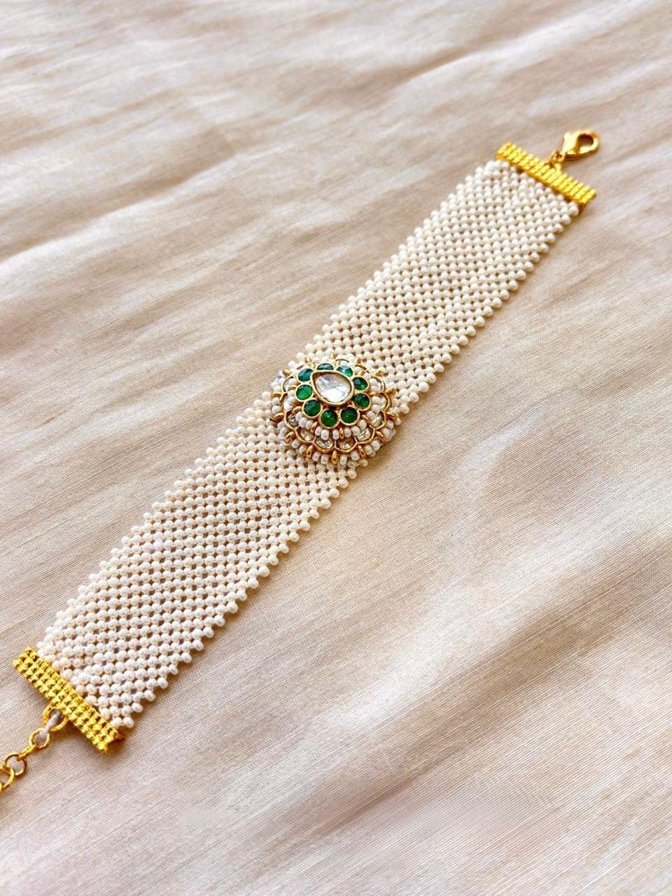 Pachi Kundan Broad Pearl Belt Bracelet