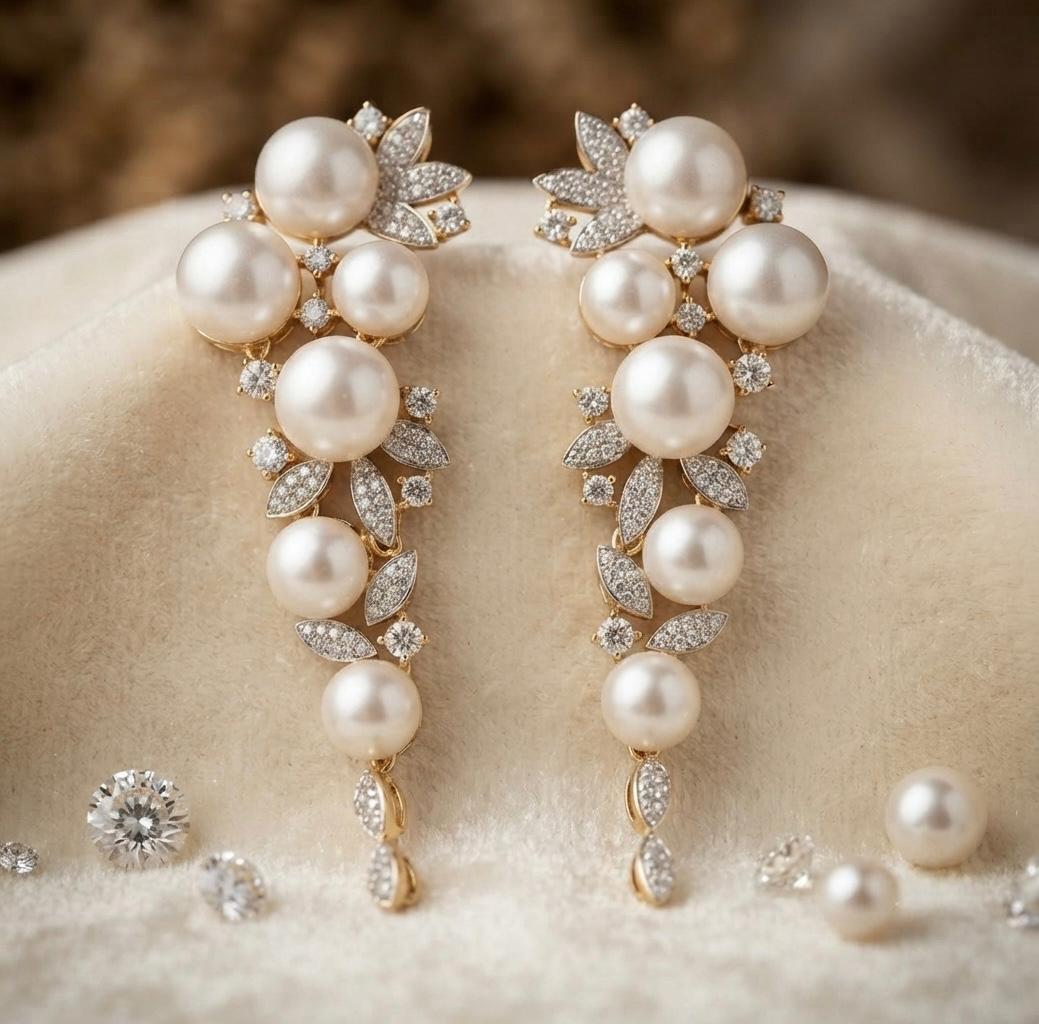 Pearl And Diamond Floral Leaf Drop Earings