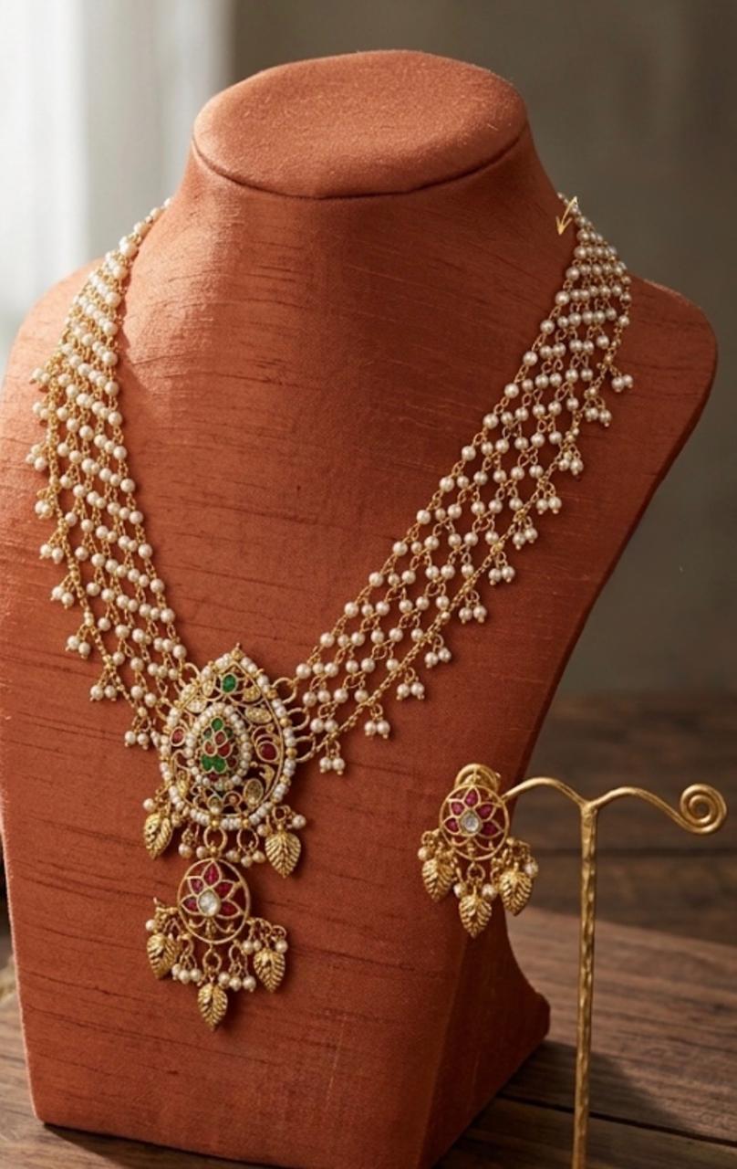 Pearl kundan Long Necklace Set
