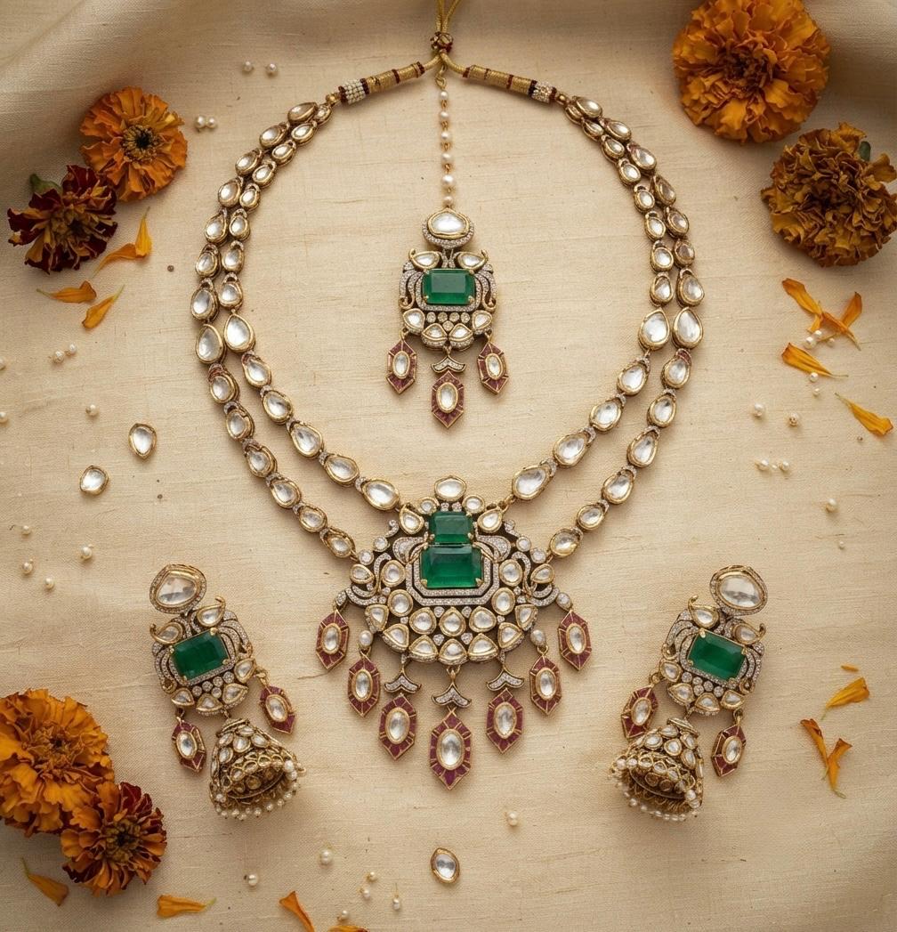 Two Layered Kundan Necklace Set With Tika